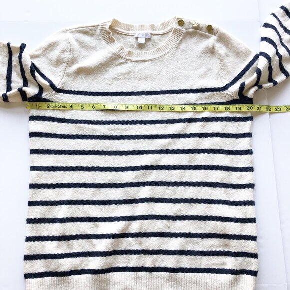 J. JILL Striped White Navy Knit Crew Neck Sweater Button Collar Womens Medium - Picture 9 of 10